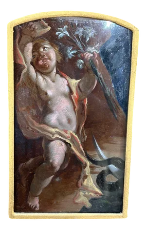 Neapolitan Artist, Cherub, Fragment of the Immaculate Conception, Early 1700s, Oil on Glass