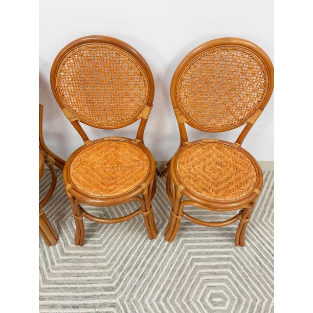 Late 20th Century Cane Rattan Round Dining Chair Set Four Cushion Coastal Hollywood Regency For Sale - Image 10 of 10