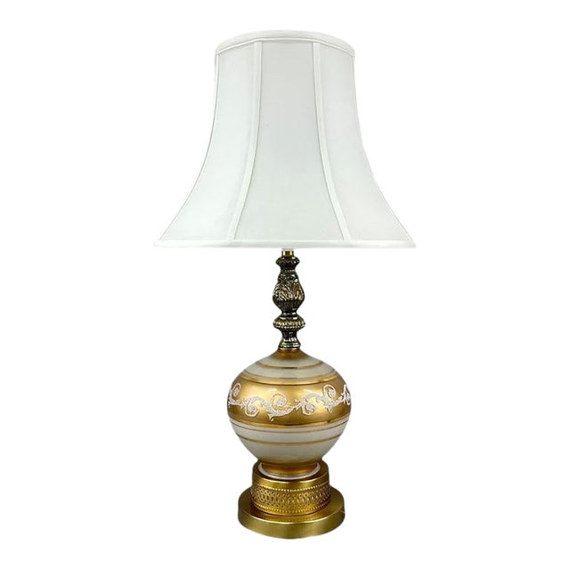 Vintage Hollywood Regency Gold and White Satin Glass Table Lamp For Sale