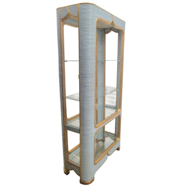 Vintage Custom Painted Baby Blue Gold Arched Pencil Reed Glass Shelving Unit Etagere For Sale - Image 9 of 13