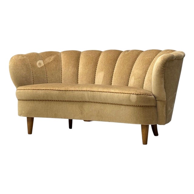 Finnish Modern, Settee, Beige Velvet, Wood, Finland, 1950s For Sale