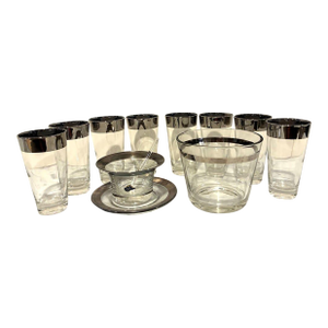 Mid Century Modern Vintage 12 Piece Bar Set With Chrome Band