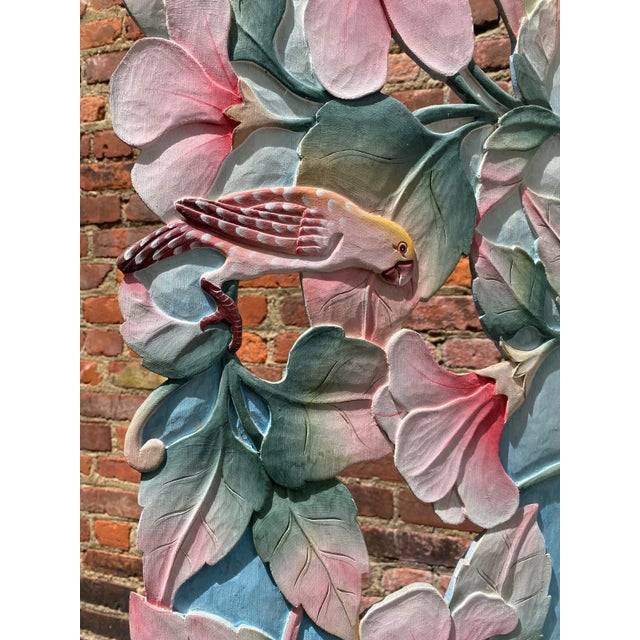 Original 1950s MCM Hand Painted Flamingo Tropical 5 Panel Carved Wood Room Divider For Sale - Image 10 of 14