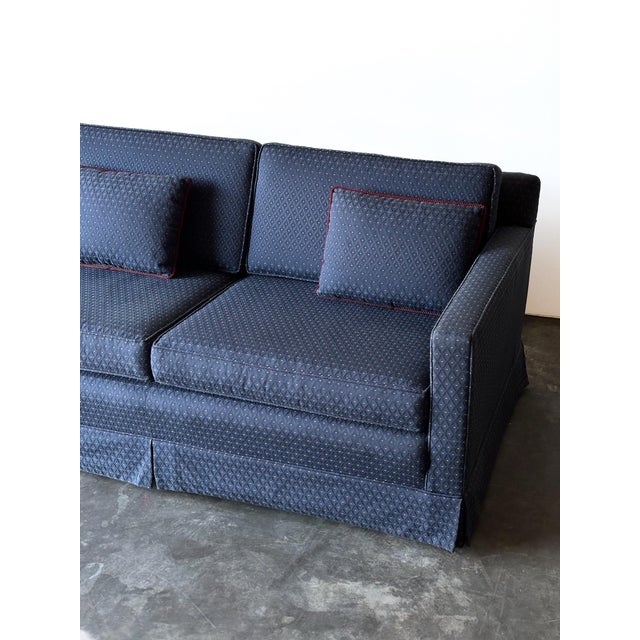 1960s Vintage Mid-Century Navy Jacquard Skirted Tuxedo Sofa For Sale - Image 12 of 18