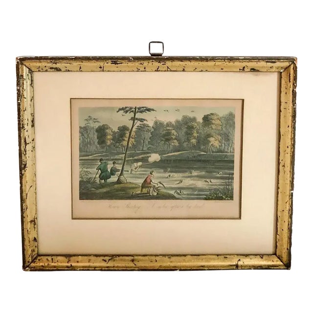 1850s Antique Engraving River Bird Hunting Scene Etching Gilded Frame For Sale