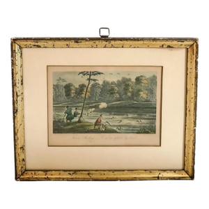 1850s Antique Engraving River Bird Hunting Scene Etching Gilded Frame