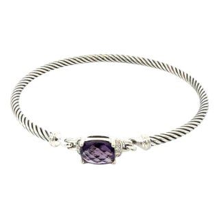 1990s David Yurman Diamond Amethyst Cuff Bracelet Size M 3 mm Sterling Silver Estate For Sale