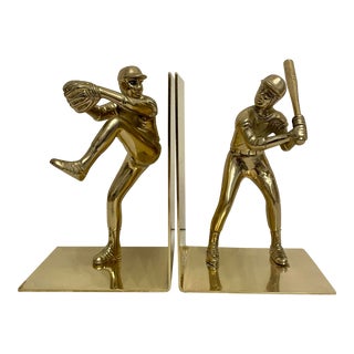 Pair Solid Brass Baseball Players Bookends For Sale