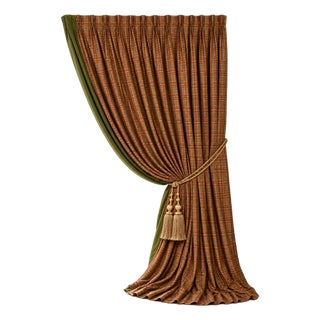 Custom Silk Plaid French-Pleated Drapery Panel With Olive Leading Edge, 66” X 103” For Sale