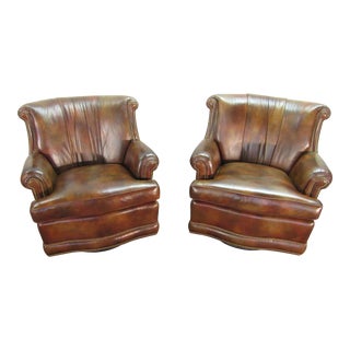 Hancock and Moore Pair of Leather Swivel Chairs For Sale
