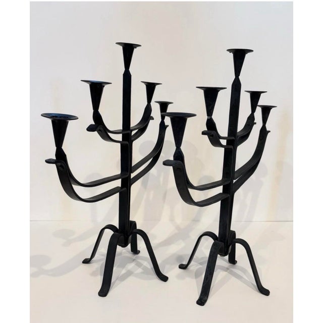Make a grand statement with this impressive pair of monumental 5-arm candelabras. Crafted in the Brutalist style, these...