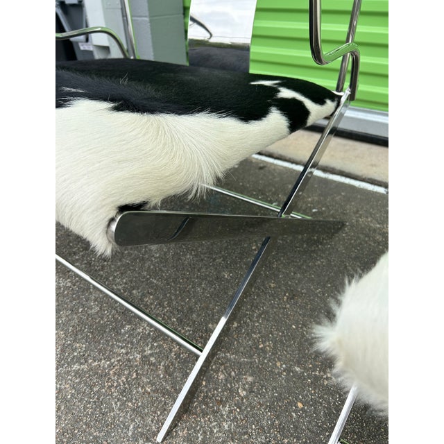 James Mont 1990s Polished Stainless Steel & Cow Hide Ming Style Horseshoe Back Arm Chairs - A Pair For Sale - Image 4 of 12