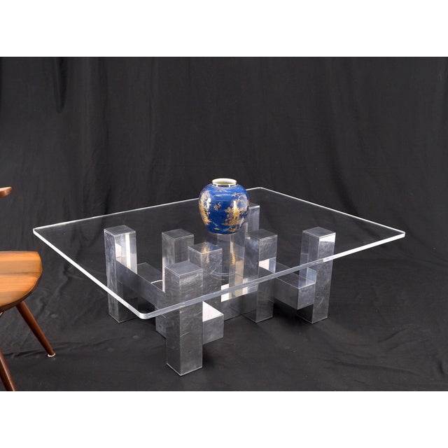 1970s Cityscape Aluminum Base Lucite Rectangle Top Rounded Corners Coffee Table For Sale - Image 5 of 12