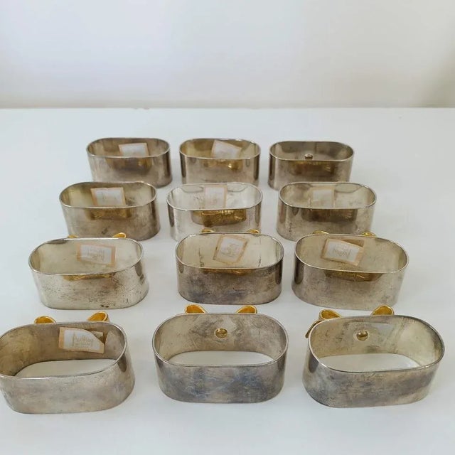 Mid-Century Silver-Plated Napkin Rings Holders With Gold Gilt Bows- Set of 12 For Sale - Image 4 of 5