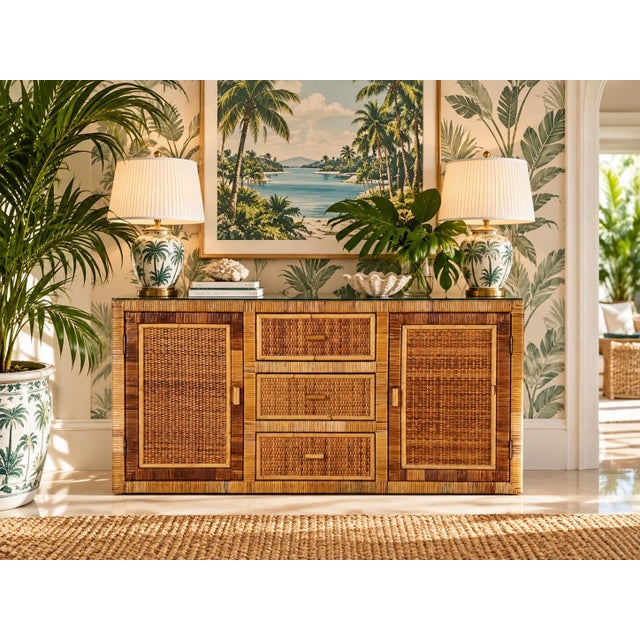 Beautiful vintage coastal cabinet featuring a natural woven rattan exterior with decorative wood trim and a rectangular...