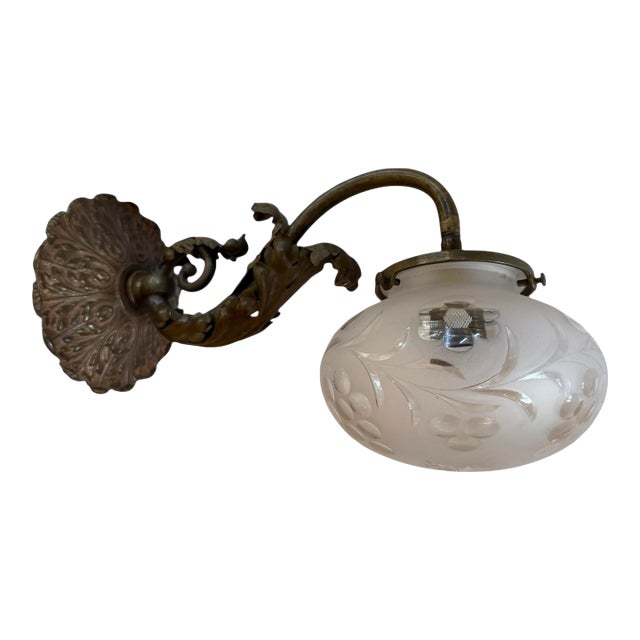 Circa 1910’s Long Arm Wall Sconce With Flower, Leaf and Starburst Etched Globe Shade For Sale
