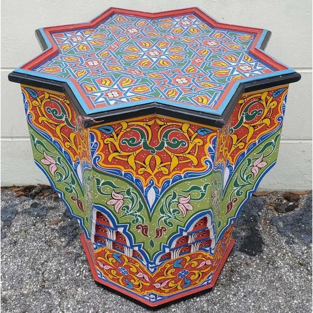 Wood Moroccan Multi-Color Painted and Carved Star Table For Sale - Image 7 of 8