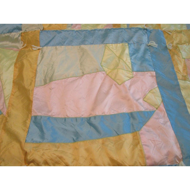 Textile Vintage 60's Satin Crazy Quilt 15 Blocks Hand Tied Long Twin Percale Back Guc For Sale - Image 7 of 11