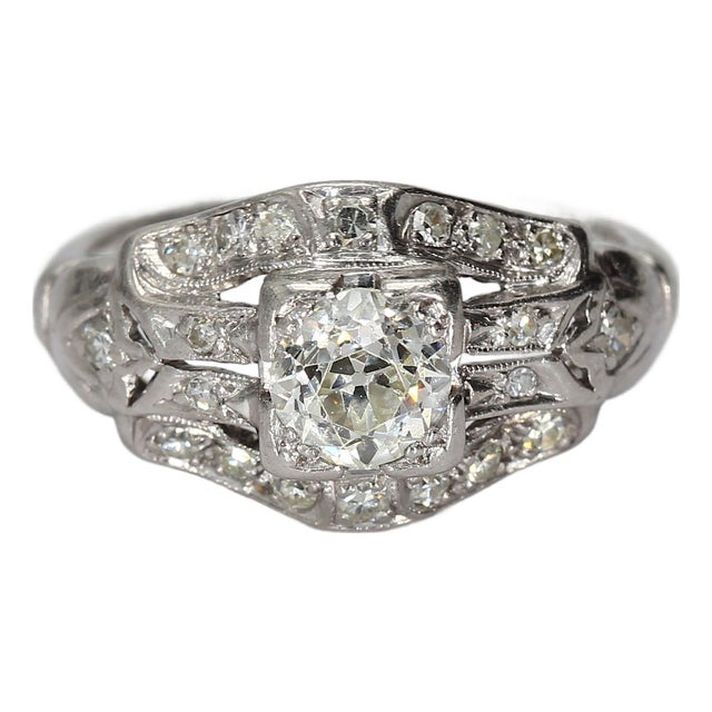 Antique Platinum Ring With Old European-Cut Center & Diamond Accents - Size 5.75 For Sale
