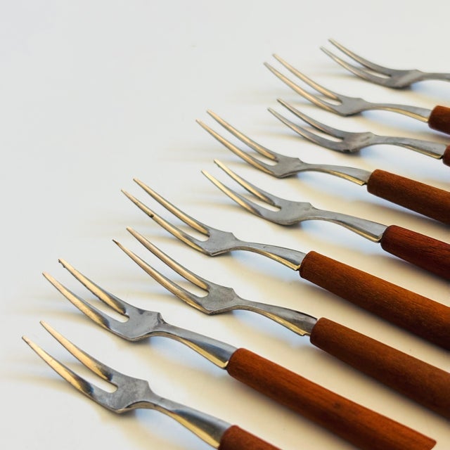Mid 20th Century Mid 20th Century Mid Century Modern Stainless Steel With Wood Handles Cocktail Forks - Set of 9 For Sale - Image 5 of 6