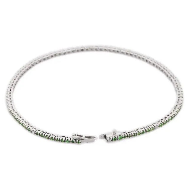 Minimalist 18kt Solid White Gold Diamond Tsavorite Thin Tennis Bracelet For Sale - Image 4 of 6