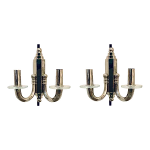 Vintage Italian Art Deco Style Nickel Finished Bronze Two Arm Wall Sconces Pair