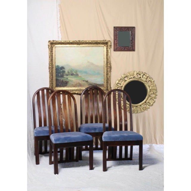 Set of 4 Oak Arched Dining Chairs With Blue Velvet Upholstered Seats For Sale - Image 6 of 16