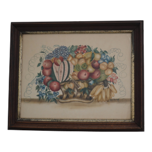 1960s Still Life Fruit Basket Jean Baumer Theorem Painting Stencil Artwork on Cotton Signed