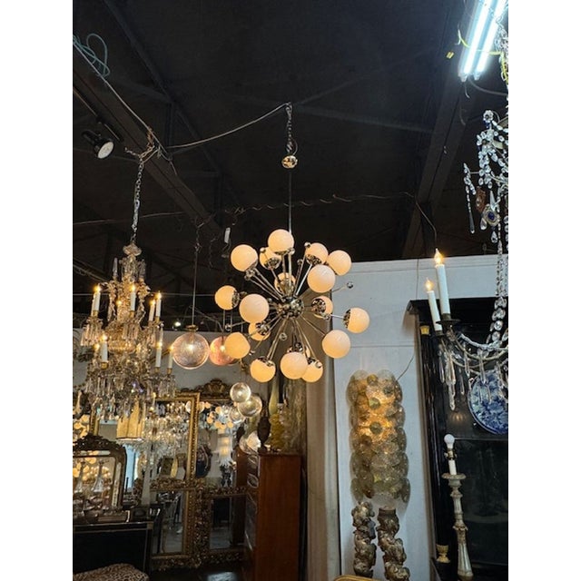 Exceptional modern Murano glass and brass large scale Sputnik chandelier. So impressive!! Stunning! Circa 2000 38 dia x 59h