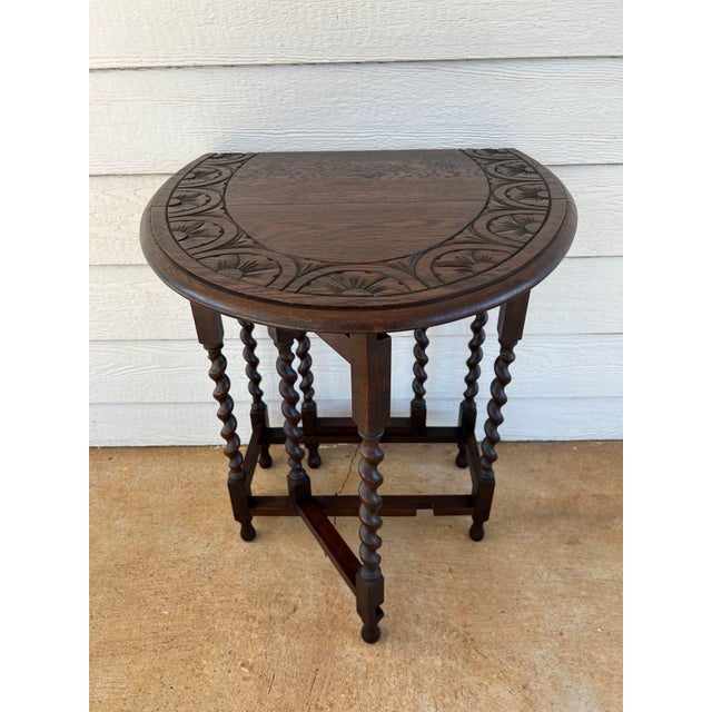 Petite Antique English Side Sofa Table Barley Twist Drop Leaf Gateleg Carved Oak For Sale - Image 15 of 18