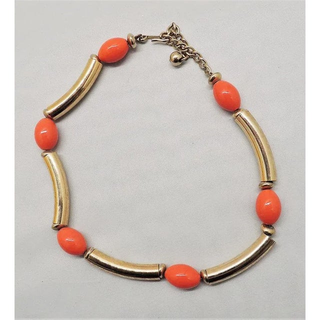 Mid-Century Modern Vintage 1970s Signed Napier Goldtone & Orange Bead Necklace For Sale - Image 3 of 8