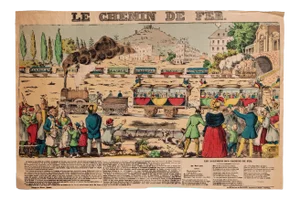 Unknown - Epinal Print, Le Chemin De Fer - Original Hand-Colored Lithograph - 19th Century