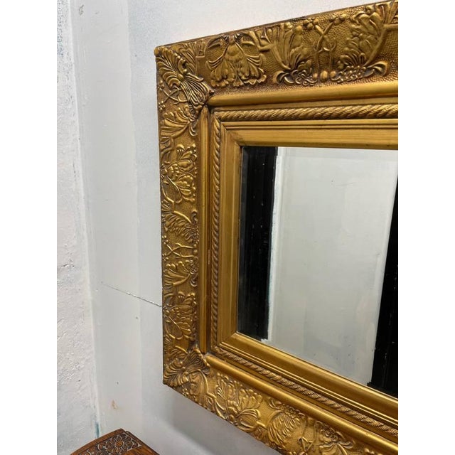 American Vintage Gold Leaf Mirror, Solid Wood Frame, Beveled Glass Edges, Carved Floral Pattern For Sale - Image 3 of 11