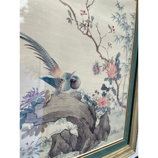 A coordinating pair of vintage Chinoiserie style landscape scenes featuring birds, flowers, and rocky landscape. Each...