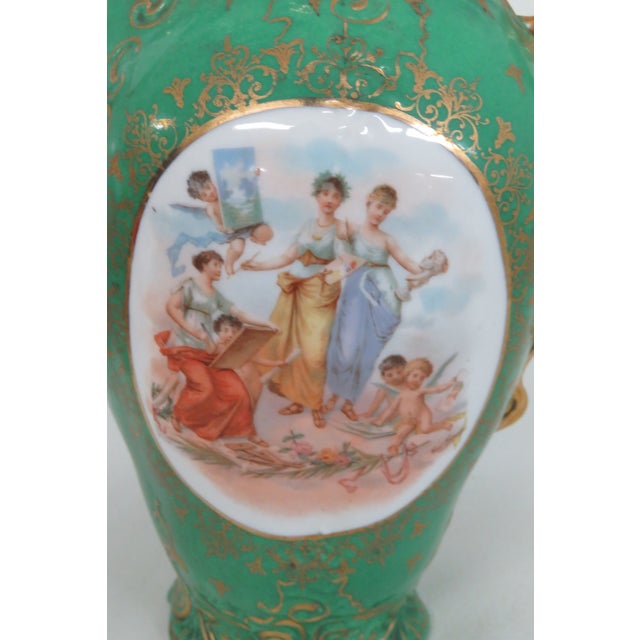 Art Nouveau Victoria Austria Ewer Green Gold Gilded Cameo Cherub Pitcher With Lid 4721b For Sale - Image 3 of 17