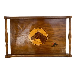 Vintage English Equestrian Style Wood Inlaid Marquetry Serving Tray W/ Horse For Sale
