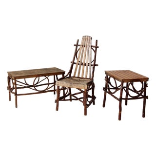 Vintage Amish Twig Furniture Set Bentwood Chair, Coffee Table, and End Table For Sale