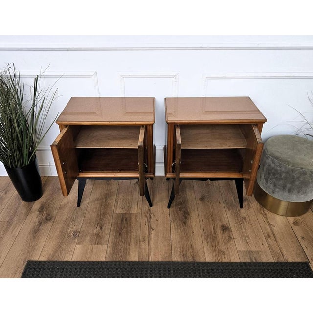 Metal Mid-Century Art Deco Italian Nightstands with Walnut Glass Top, 1950s, Set of 2 For Sale - Image 7 of 10