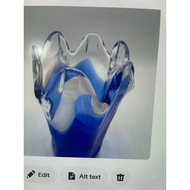 Mid-Century Modern Vintage Cobalt Blue Murano Style Art Glass Flower Bowl Vase For Sale - Image 3 of 4