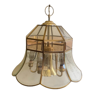 Late 20th Century Brass Beveled Glass Hanging 12 Bell Shape Foyer Pendant Fredrick Ramond