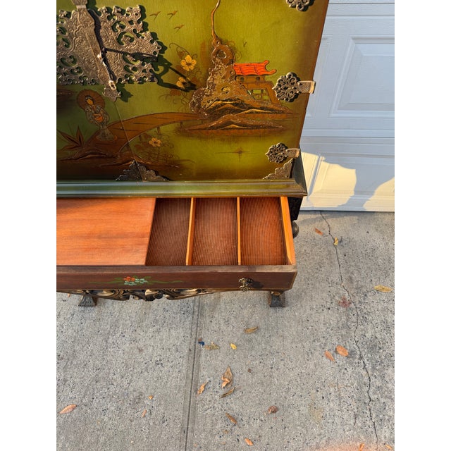 Vintage Chinoiserie Green Lacquer Cabinet With Hand Painted Asian Scenes and Ornate Carved Base For Sale - Image 10 of 12