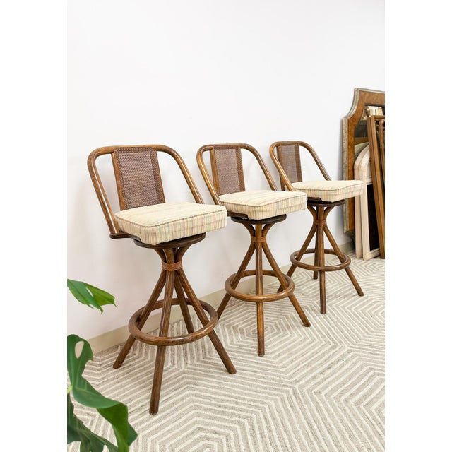 3 Vintage Coastal Bamboo Barstools Dark Rattan W/ Beige Cushions and Caned Back For Sale In Tampa - Image 6 of 10