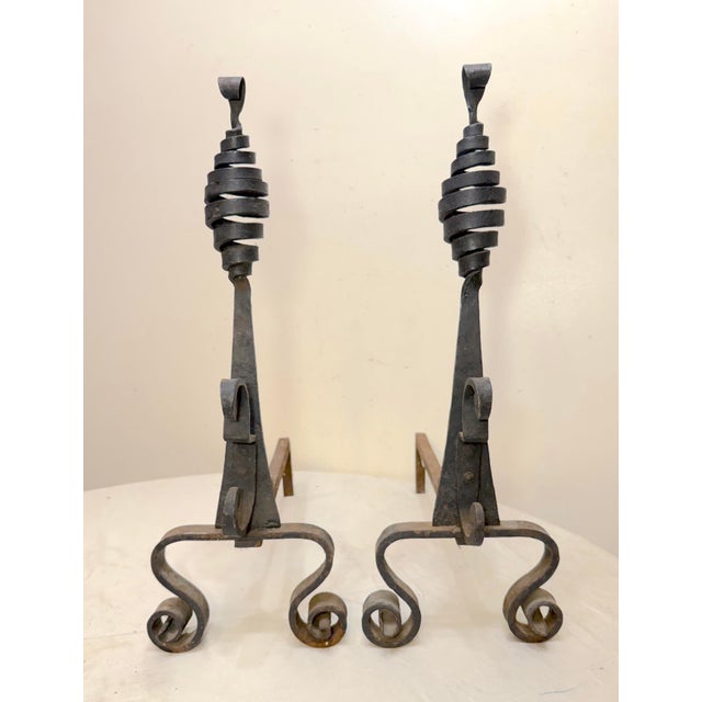 Delve into the charm of early 19th century with these rare hand-wrought iron fireplace andirons. Their classic black...