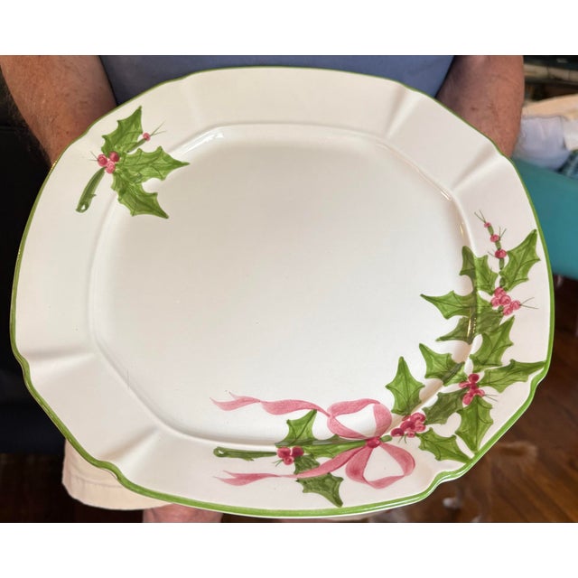 Shabby Chic Los Angeles Pottery. Laurie Gates 1999 3 Pieces. Pedestal Compote, Oval Scalloped Bowl, Octagonal Platter. Grandmillenial, Christmas, Cottagecore For Sale - Image 3 of 6