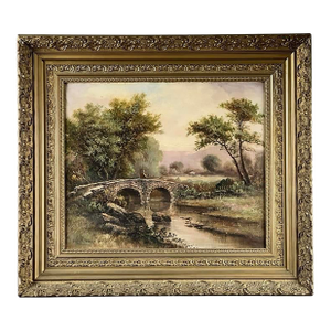Antique Early 20th Century Oil on Canvas Painting “Spectacle Bridge” Signed Arthur Davis Lower Left