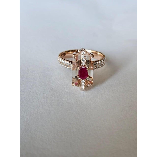 Set in 18k Rose Gold, Morganite, Mozambique Ruby & Diamonds Engagement Ring, Us Size 6.75 For Sale - Image 9 of 10