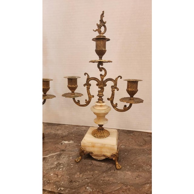 Rococo Pair of Early 20th Century Gilt Bronze Candelabra With Marble Base For Sale - Image 3 of 9