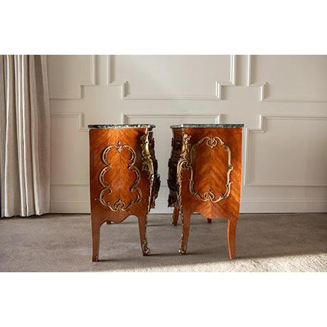 Pair Vintage French Louis XV Bombé Chests, Marble Top Commode Nightstands For Sale - Image 13 of 18