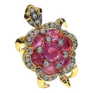 Bochic "Orient" Vintage Ruby & Diamond Turtle Cocktail Ring Set 18K & Silver For Sale