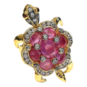 Bochic "Orient" Vintage Ruby & Diamond Turtle Cocktail Ring Set 18K & Silver